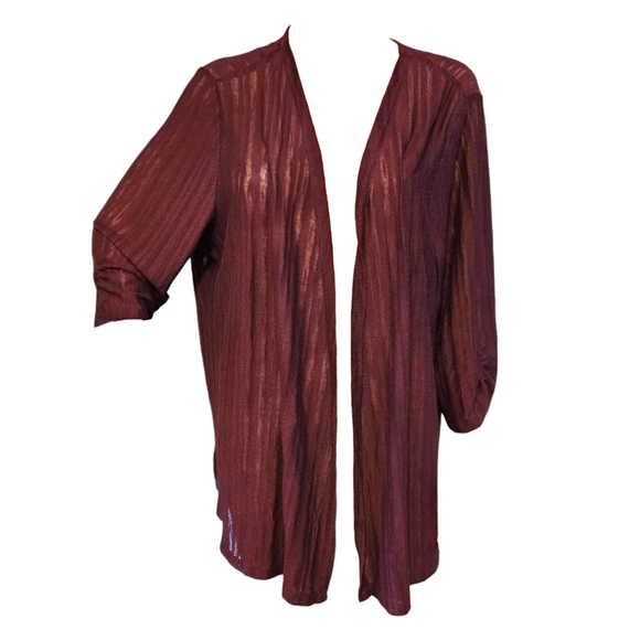 Catherines 3X Open Front Cardigan Ruched Sleeves Shadow Stripe Lightweight - Picture 2 of 10
